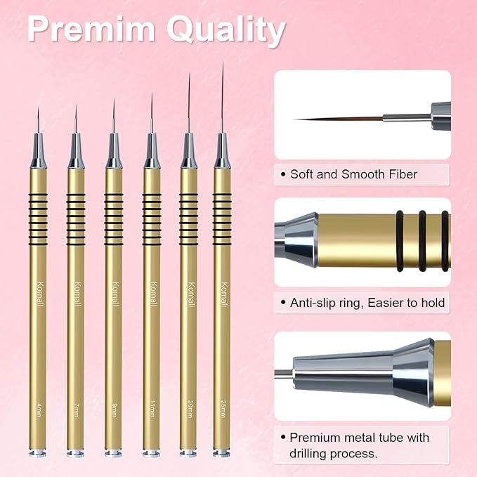 Metallic Nail Art Brushes, 6Pcs Non Slip Liner Brush Set, UV Gel Polish Painting Art Design Pen for Long Lines, Thin Details, Fine Drawing Sizes 5/7/9/11/20/25mm(Gold)