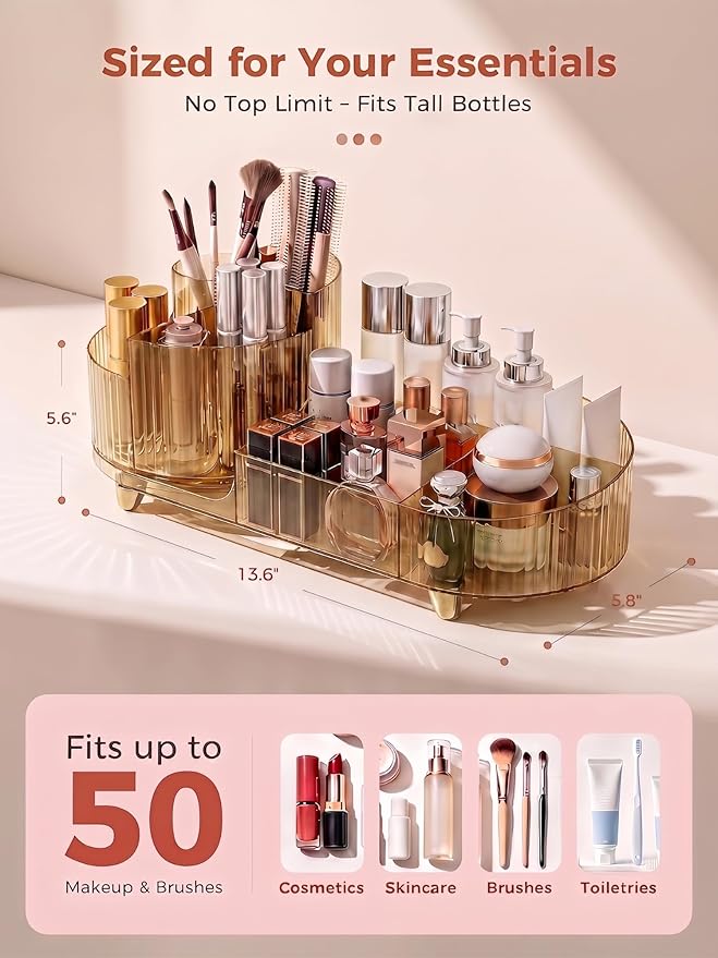 Booklov Rotating Makeup Organizer for Vanity, Large Capacity Cosmetic Display Case, Clear Acrylic Countertop Beauty Storage Holder for Skincare, Brush Eyeshadow Lipstick, Counter Desk, Crystal Amber