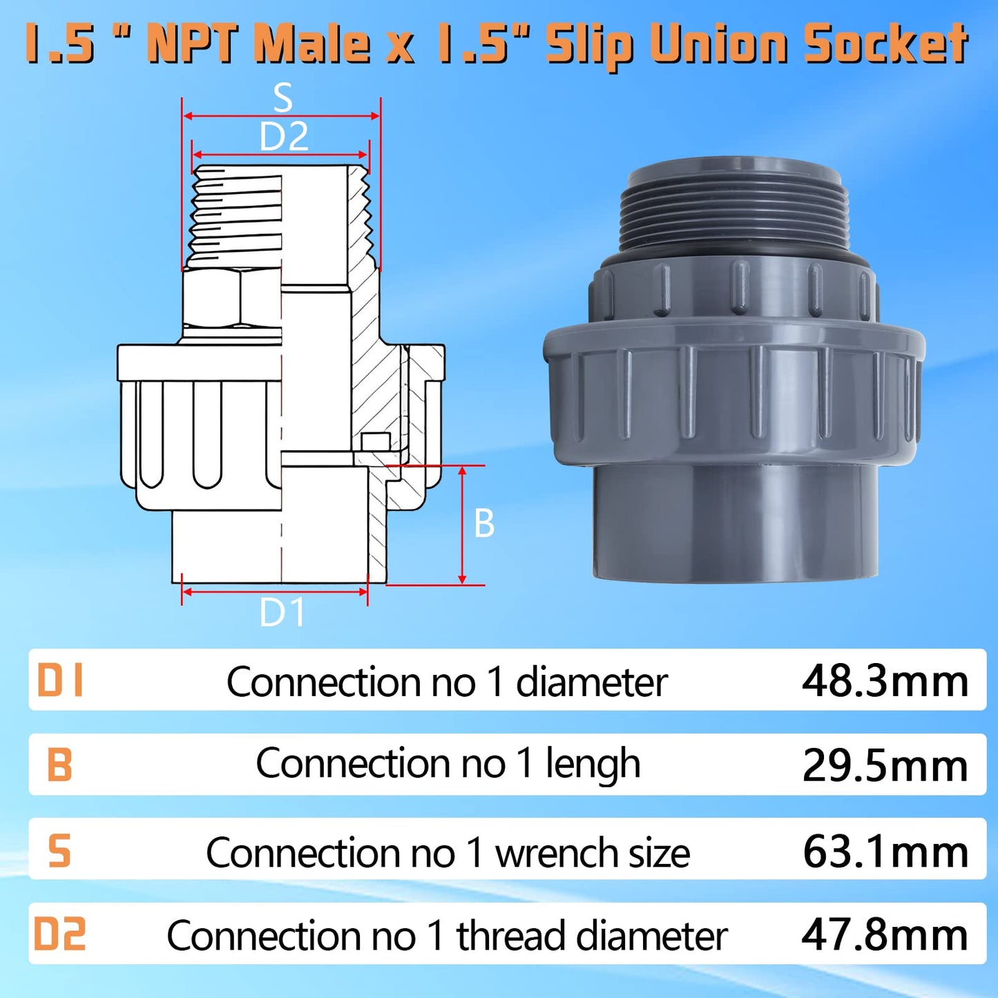 Boltigen 2pcs 1-1/2 PVC Pool Pump Fitting Coupling, 1.5" NPT Male x 1.5" Slip Union Socket Joint Adapter Connector Replacement for Pool Spa Pump