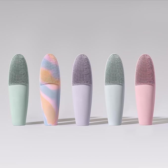 LOLLIPOP Dual-Sided Facial Cleansing Brush | Handle Size Silicone Face Exfoliator and Soft Fiber Cleanser | Manual Face Scrubber for Pores, Makeup Removal, Blackhead and Skincare Routine, Oceanic