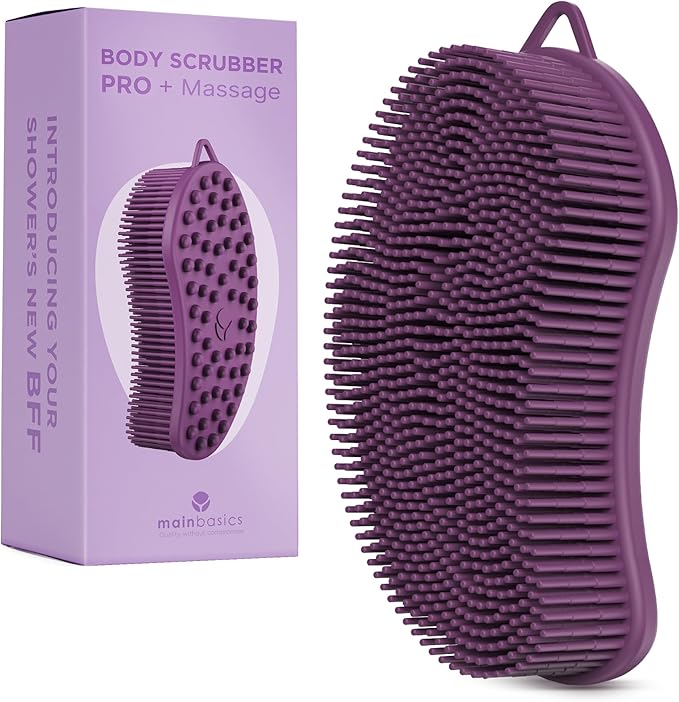 MainBasics Silicone Body Scrubber Dual-Sided Shower Loofah and Massaging Nodes (Purple, Massage)