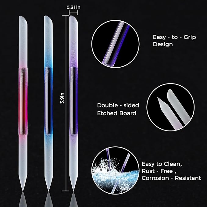 JERCLITY 3 Pieces Double-Ended Glass Nail Files Cuticle Pusher Cuticle Stick Set Nano-Frosted Nail Polished Crystal Glass Rod Manicure Pedicure Pusher Tools(Blue/Purple/Rose Red)