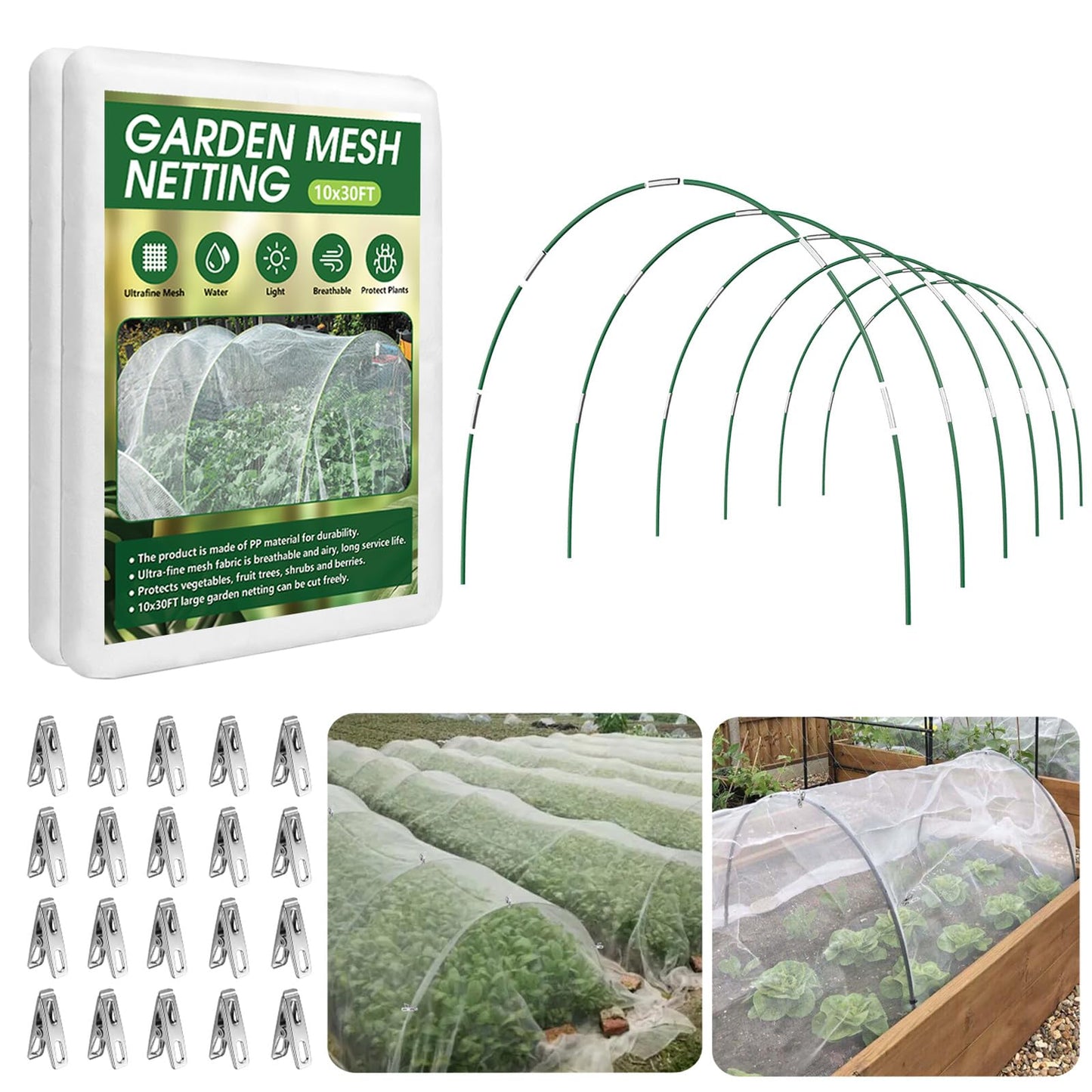 Garden Netting Kit for Raised Beds, 10x30FT Ultra Fine Mesh Nettingï¼ 6 Sets of 8FT Fiberglass Garden Hoops, Row Cover Insect Netting for Vegetable Plant Fruit Flowers Protection