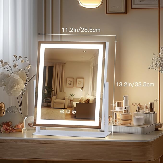 Lighted Makeup Mirror with Smart Touch, 3 Color Modes & Stepless Dimming, for Desk Bedroom Dressing Room, LED Vanity Mirror 13.2" H x 11.2" W