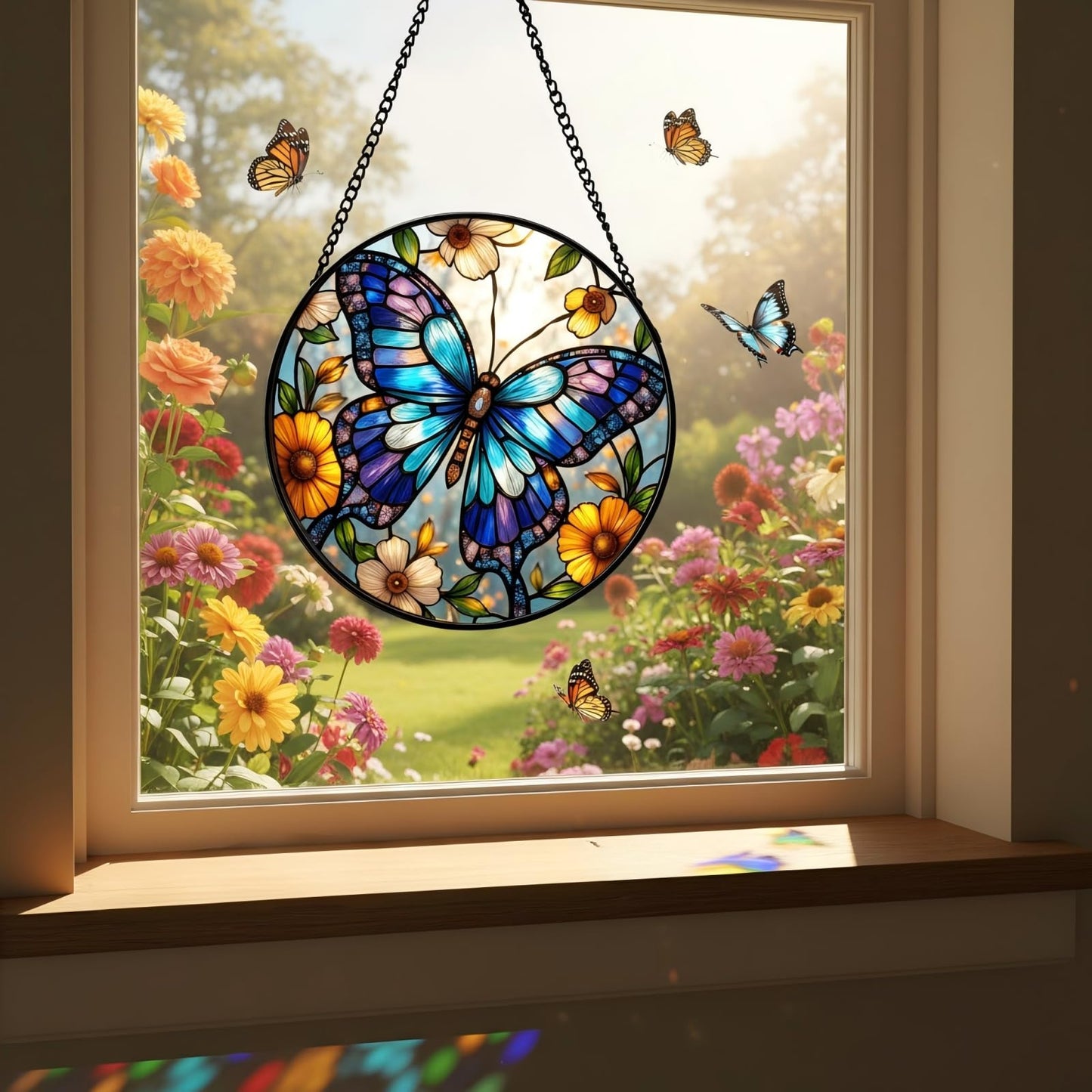JAWNLITY Butterfly Stained Glass Suncather for Window Hanging, 6.3'' Blue Butterfly Ornament Gift for Women, Nature-Inspired Wall Art Home Decor Gifts for Mom, Grandma, Mother's Day (Blue, 6.3'')