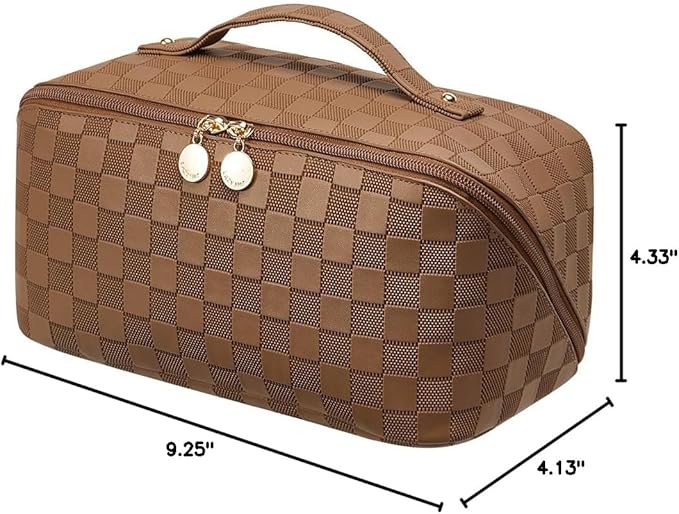 EACHY Travel Makeup Bag, Large Capacity Cosmetic Bag for Women, Waterproof PU Leather, Flat Open Portable Toiletry Bag for Skincare, Brushes & Travel Essentials