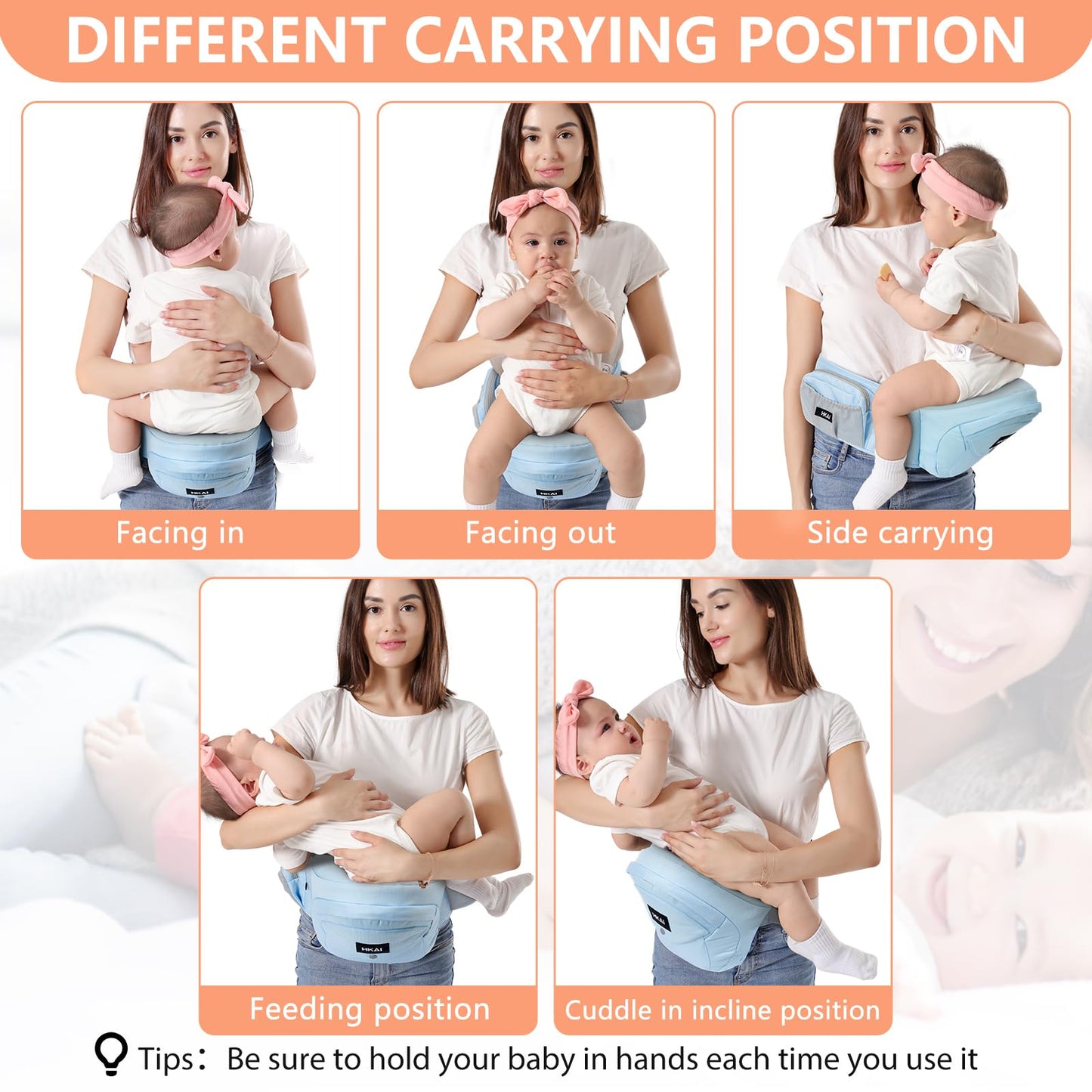 HKAI Baby Hip Carrier,Baby Carrier with Adjustable Waistband & Breathable Mesh, Ergonomic Carrier with Non-Slip Hip Seat Surface for Newborns & Toddlers (Light Blue)
