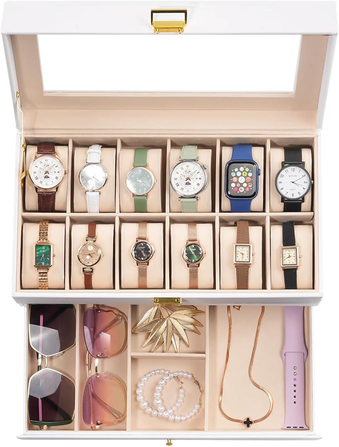 ProCase Watch Box, 12 Slot Mens Watch Case With Drawer, 2-Layer Watch Display Case With Glass Lid, Mens Jewelry Box Storage Holder Organizer, Birthday Valentine Gifts for Men -12Slot, White