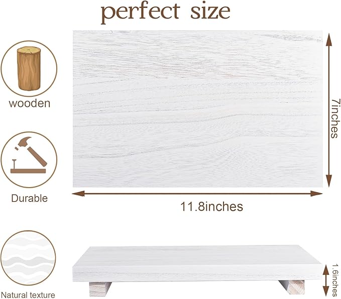 zoocatia Small Wood Tray Pedestal Stand Farmhouse Bathroom Decor Decorative Wooden Riser Kitchen Soap Dish Holder for Vanity, Counter, Sink, Large 11.8" x 7" - White