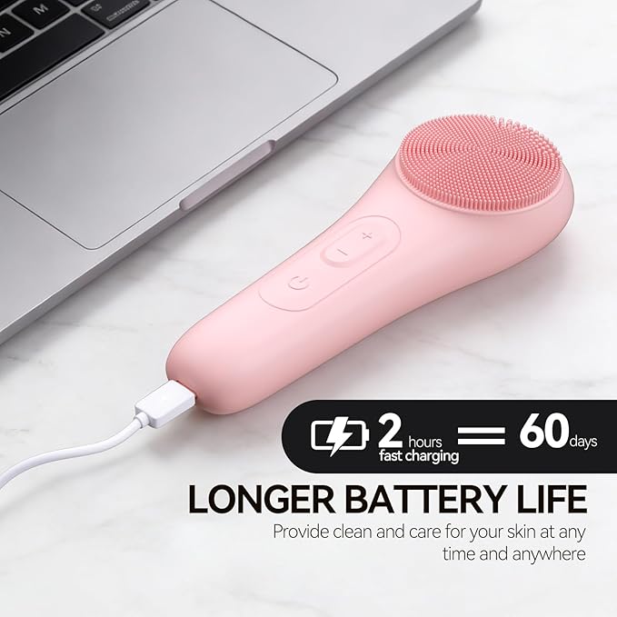 Rechargeable Silicone Facial Cleansing Brush for Women & Men - 5 Modes Waterproof Face Scrubber with Heat Massage, Deep Cleansing & Exfoliating Electric Face Brush (Pink)