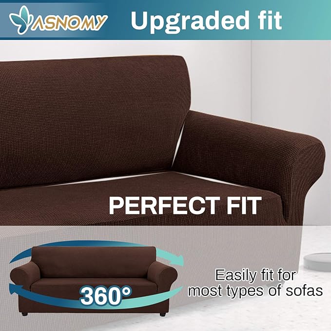 Asnomy Couch Covers for 3 Cushion Couch Sofa pet Friendly, 3 Seater Sofa Cover Washable Slipcovers, Protector Furniture Covers for Dogs Jacquard Fabric Small Checks （Large，Chocolate）