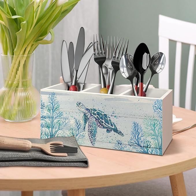 Sea Turtle Coastal Pen Holder for Home Office Desk, Beach Office Decor, Beach Turtle Makeup Brush Toothbrush Holder Organizer for Bathroom Desk Accessories