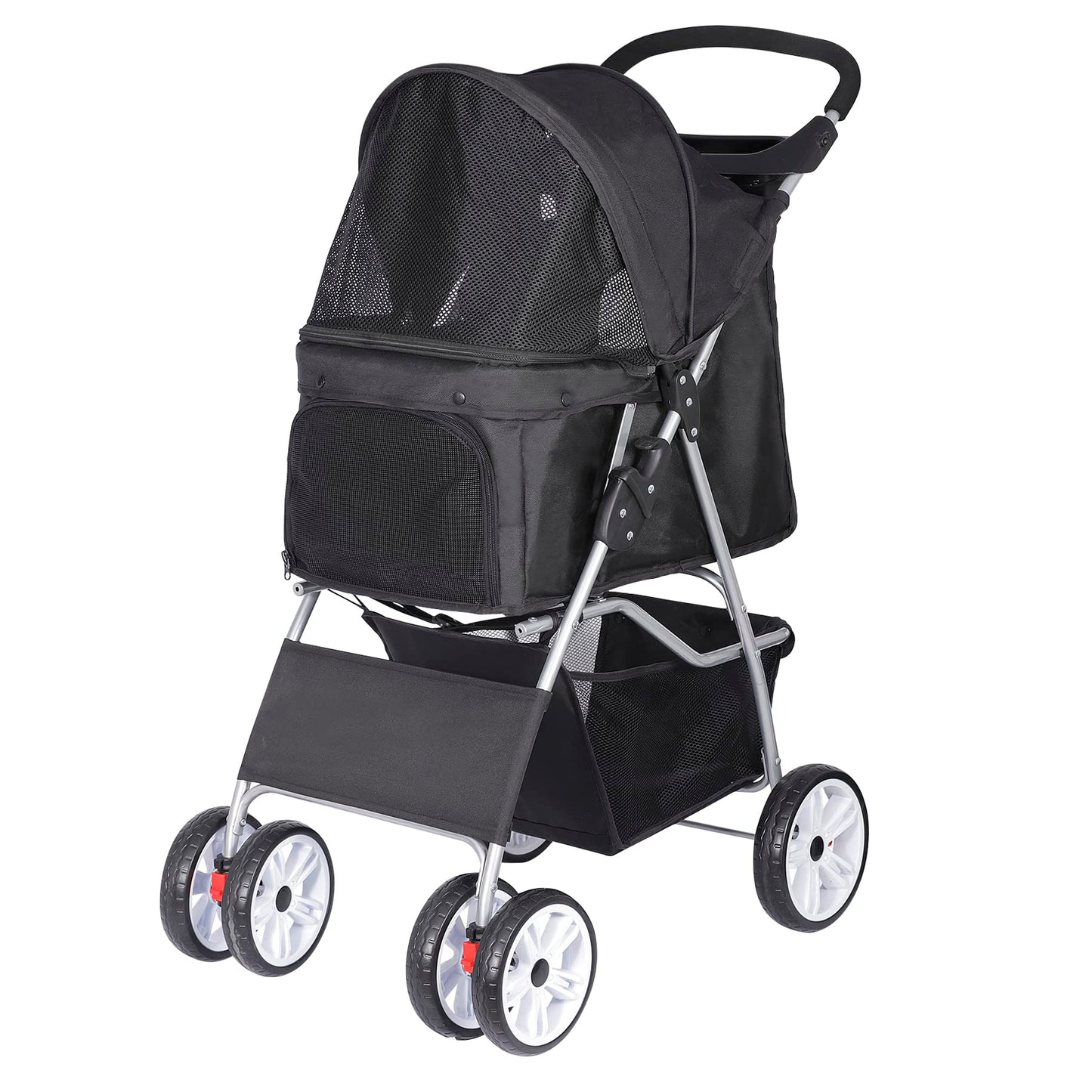 BBBuy 4 Wheels Foldable Pet Dog Cat Jogger Stroller Travel Carrier Strolling Cart w/Waterproof Cover Storage Basket Cup Holder & Removable Liner for Medium Small Cat Dog, Black