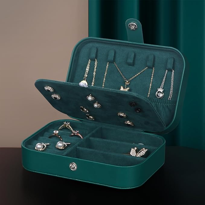 Hatori Travel Jewelry Box, PU Leather Small Jewelry Organizer for Women Girls, Portable Mini Travel Case Display Storage Holder Boxes for Stud Earrings, Rings, Necklaces, Bracelets (Ink Green)