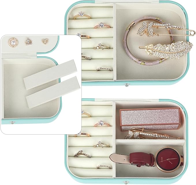 Hatori Travel Jewelry Box, PU Leather Small Jewelry Organizer for Women Girls, Portable Mini Travel Case Display Storage Holder Boxes for Stud Earrings, Rings, Necklaces, Bracelets (Turquoise)