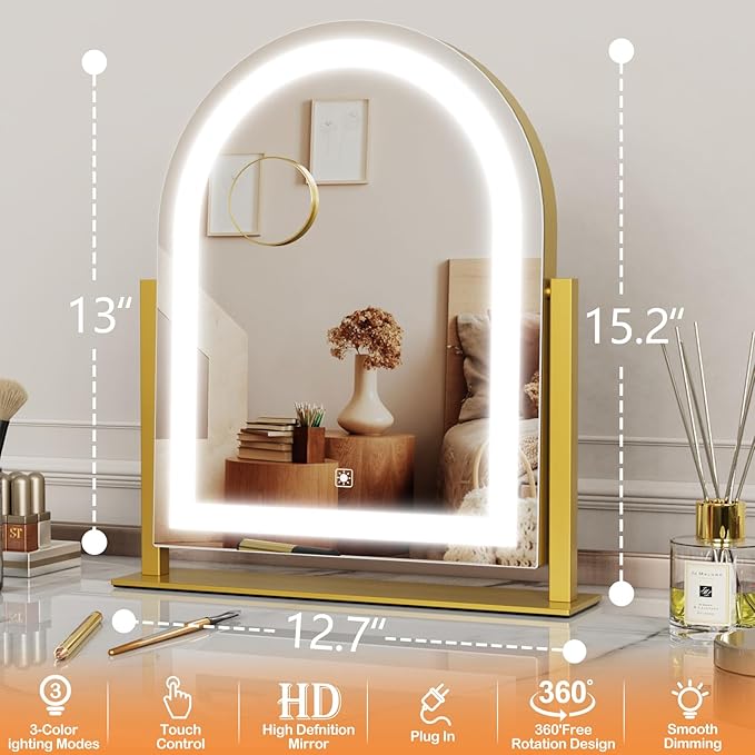Vanity Mirror with Lights, 15.2’’ LED Makeup Mirror Detachable 10X Magnification, Smart Touch Control, 3 Color Lighting Modes,360°Rotation Tabletop Make Up Mirror for Bedroom Bathroom(Curved)