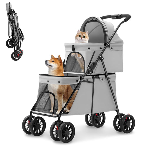 Double Pet Stroller for Medium Small Dogs and Cats with 2 Carriage, Durable Universal Wheels with Brakes Lightweight One Hand Foldale Kittens Puppies Travel Strolling Cart (Gray)