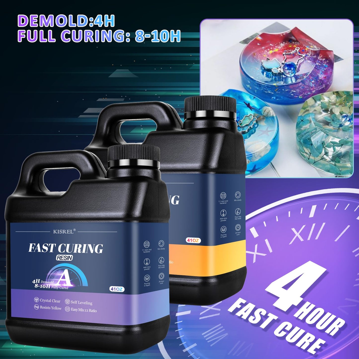 KISREL 82oz Fast Cure Epoxy Resin, 4 Hour Mold Demold Quick Cure Resin, Crystal Clear and Bubble Free, Fast Drying Clear Resins