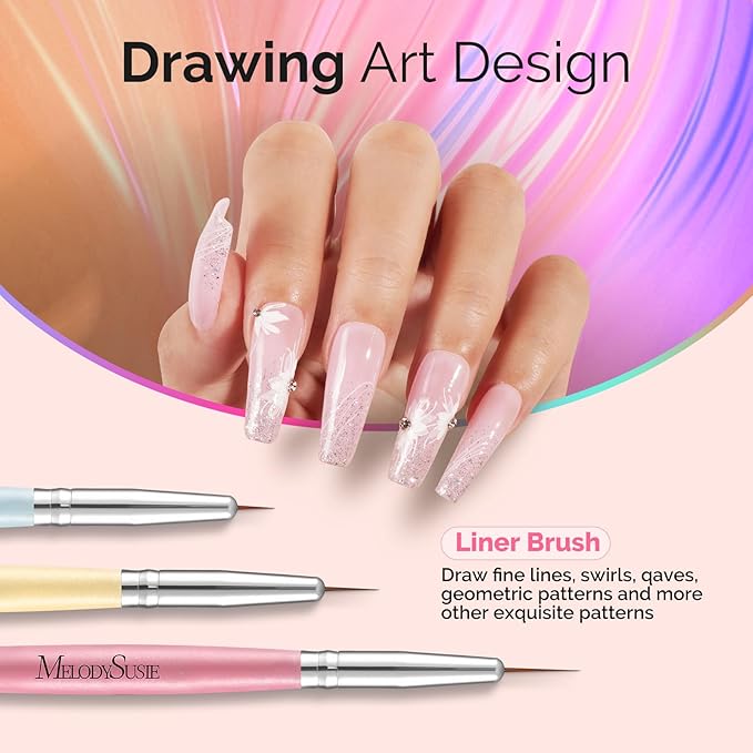 MelodySusie 2-in-1 Nail Art Brushes Set,3pcs Nail Art Design Pen Painting Tools with Flat Brush Oval Brush French Brush Liner Brushes for Home DIY Salon Use