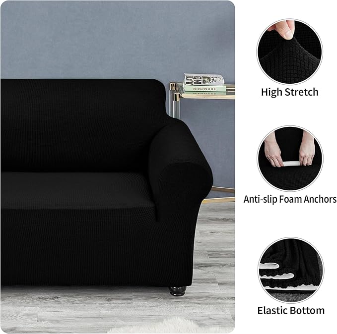 Joccun Stretch Couch Cover Slipcovers, 1-Piece Sofa Covers for 3 Cushion Couch Spandex Jacquard Washable Furniture Protector Cover for Living Room,Kids,Pets(Sofa,Black)