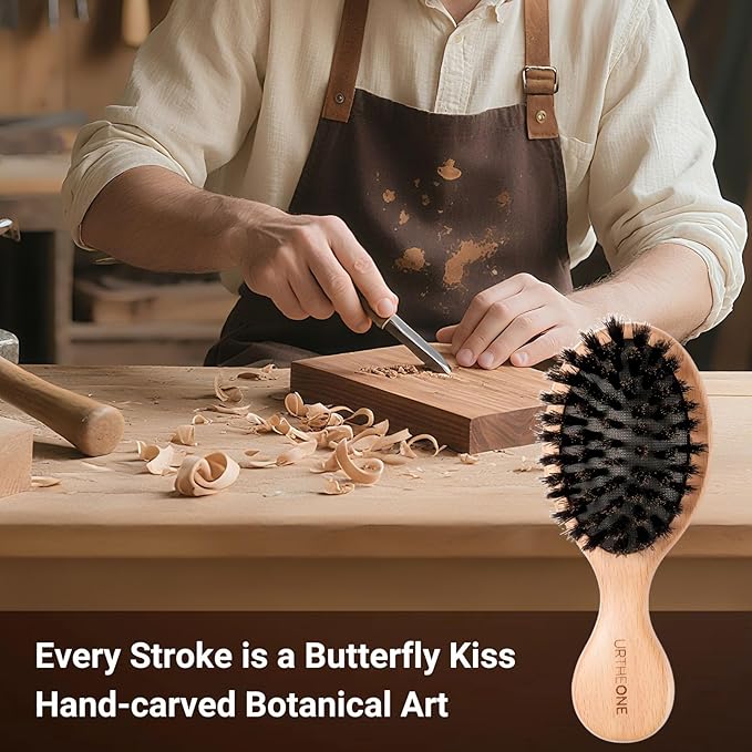 URTHEONE 2 Pack 100% Pure Boar Bristle Hair Brush - Mini Travel Size Wooden Brushes, for Natural Shine & Frizz Control, Portable Pocket Hairbrushes for Purse, Car, Office, Women Men Kids