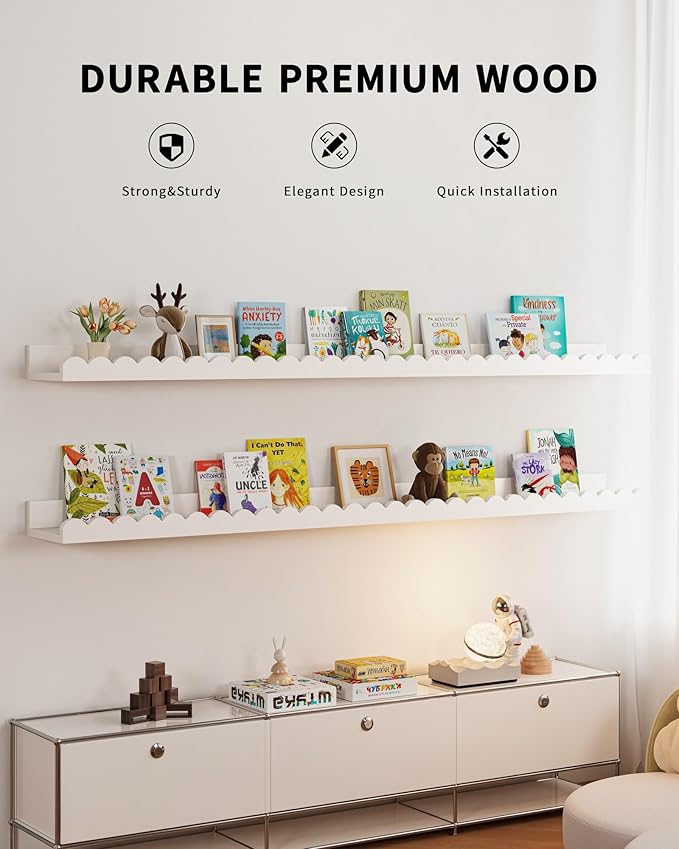 Shario Nursery Book Shelves, 4-Pack White Floating Shelves for Wall Kids, Scalloped Shelves, Wall Book Shelves for Bedroom Kids, Toddler Room, Baby Room, Nursery Decor (White, 47.2 Inches)