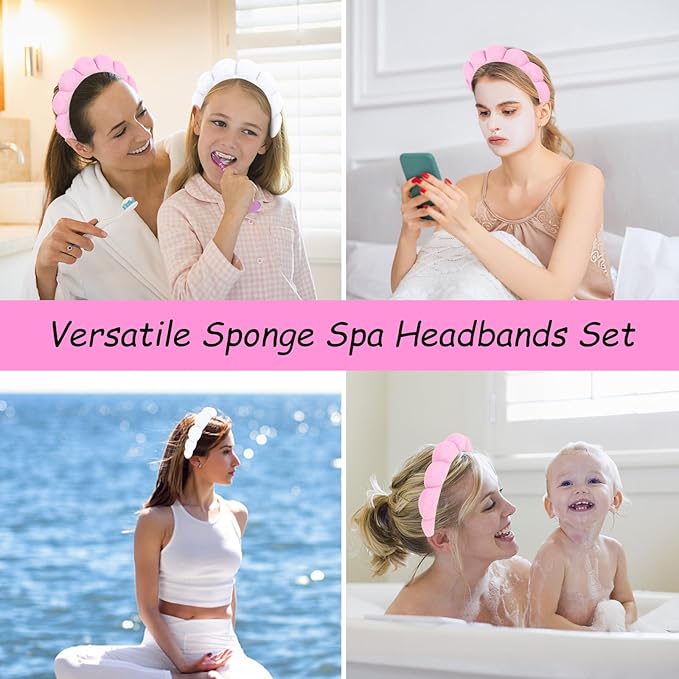 AMCAMI Puffy Spa Headband for Women 2 PCS Sponge Headbands for Girls Terry Towel Cloth Fabric Head Band for Skincare,Makeup Removal,Face Washing,Facial Mask,Shower,Hair Accessories（White&Light Pink）