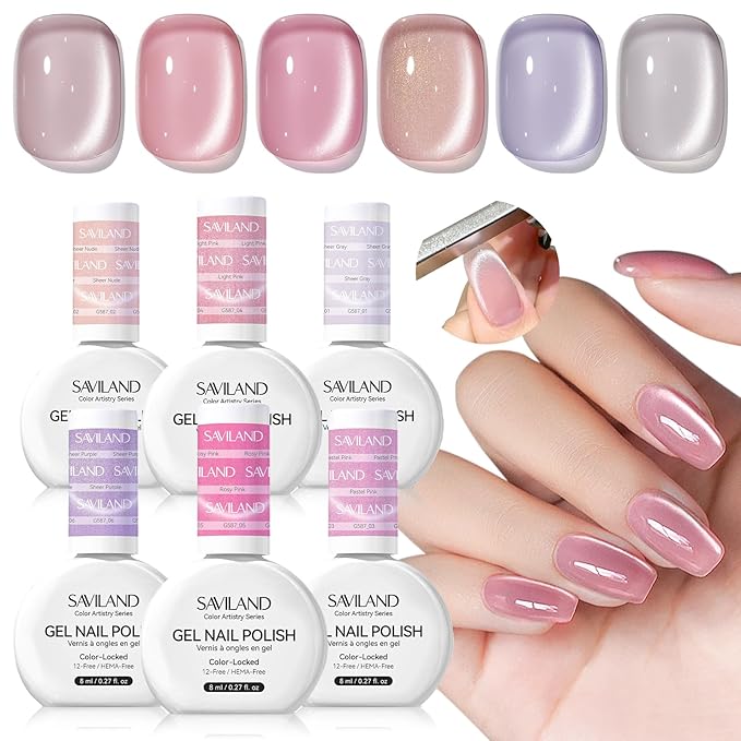 SAVILAND Color Artistry Cat Eye Gel Nail Polish: 6 Colors Cateye Gel Polish Set Long-Lasting Magnetic Nail Polish Sheer Nudes Pink with Magnet Stick Nail Art Home Glass Bead Effect