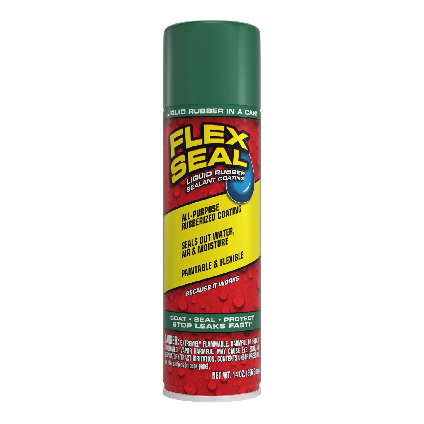 Flex Seal, 14 oz, Green, Stop Leaks Instantly, Waterproof Rubber Spray On Sealant Coating, Perfect for Gutters, Wood, RV, Campers, Roof Repair, Skylights, Windows, and More