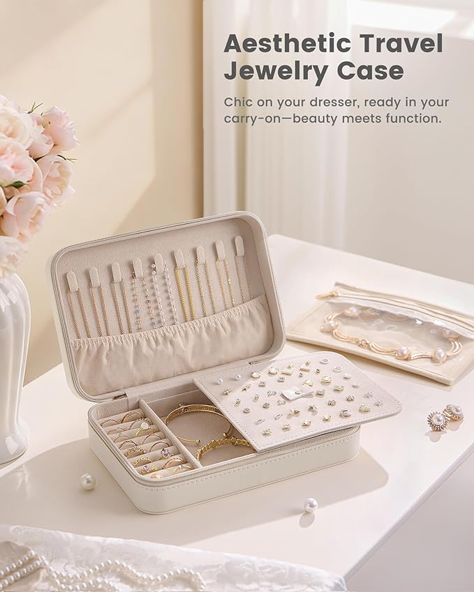 Lolalet Travel Jewelry Case for Women Girls, Travel Jewelry Organizer with Clear Storage Bag Small Portable Jewelry Box for Necklace Bracelet Earring Ring Birthday Bridesmaid Gifts -Large/Beige