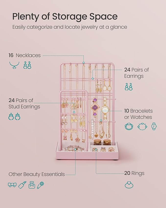 SONGMICS Jewelry Holder, Jewelry Organizer, Jewelry Display Stand with Metal Frame, Velvet Tray, Necklace Earring Bracelet Holder, for Studs, Rings, Gift Idea, Jelly Pink UJJS021R01