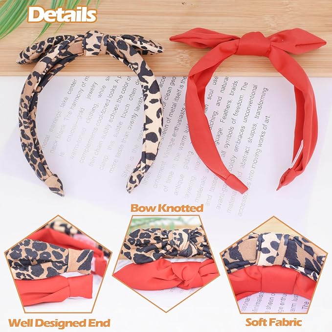 Bow Headbands for Girls, Leopard Print Thin Headband with Bow Women Hair Accessories Fashion Knotted Head Band Non Slip Hairband Hair Hoops for Girls (Red and Leopard Print, 2Pcs)