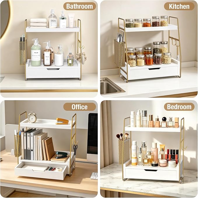 2-Tier Bathroom Counter Organizer with Drawer & Removable Basket, Wood & Metal Vanity Organizer for Skincare, Makeup, Perfume, Toiletries, Small Bathroom Counter Shelf, 13'' White Gold