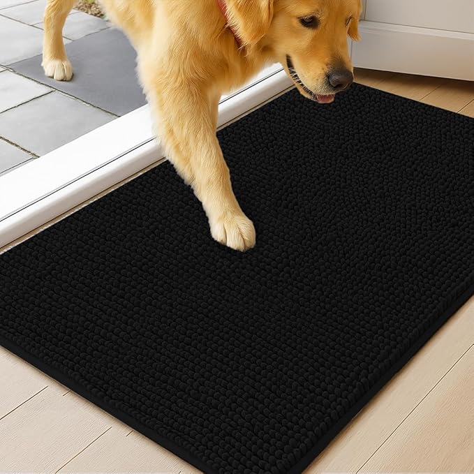 MudGuard Mat™ Dog Door Mat for Muddy Paws, Super Absorbent Microfiber, Non-Slip Indoor Mat, Quick Dry Chenille Mud Mat for Dogs & Entryway, Washable, Black 24" x 60"