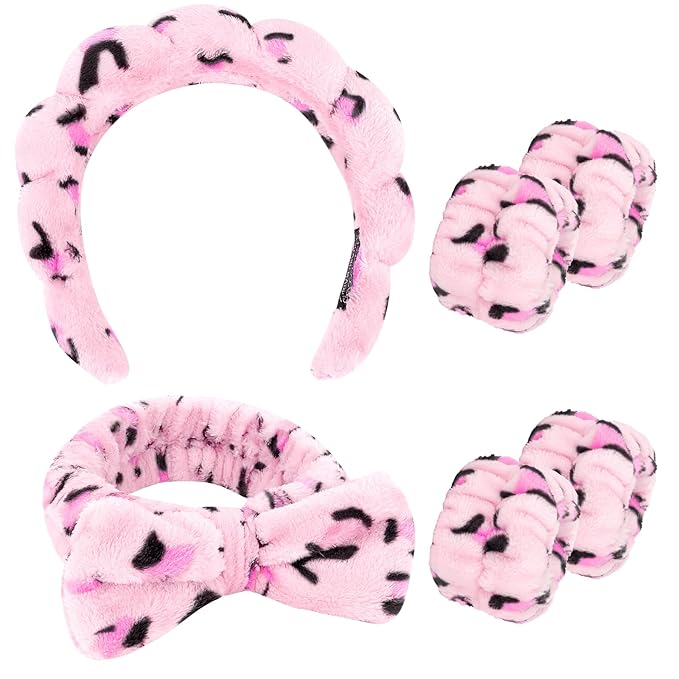 CAVETEE 6 Pack Spa Headband for Washing Face, Makeup Headband for Washing Face, Cute Puffy Bubble Headband Bow Tie Spa Headband with Washing Face Wristband Set for Women Girl