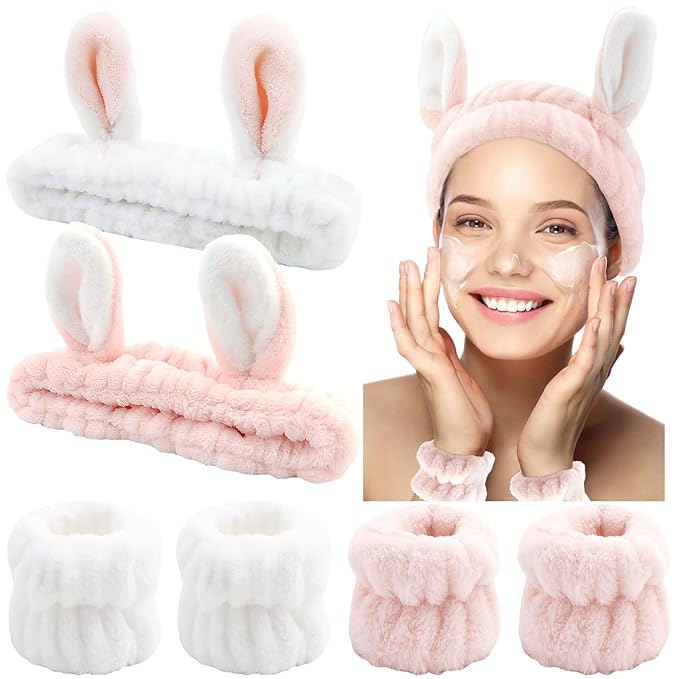 YISSION Cute Bunny Ear Spa Headband and Wristband Set for Women and Girls - Soft Plush Makeup Headband with Wrist Towels for Face Washing, Skincare, Shower, Easter Party Favors (White & Pink)