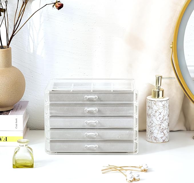 ProCase Earring Holder Organizer Jewelry Box with 5 Drawers, Acrylic Clear Earring Case with Adjustable Velvet Trays for Women - Grey, 5 Layers