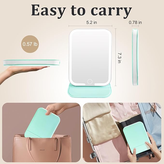 Rechargeable Travel Mirror with Light, LED Makeup Mirror with Lights, Portable Vanity Mirror with 3 Color Lighting, Touch Dimmable Lighted Cosmetic Mirror, Travel Essentials (Light Green)