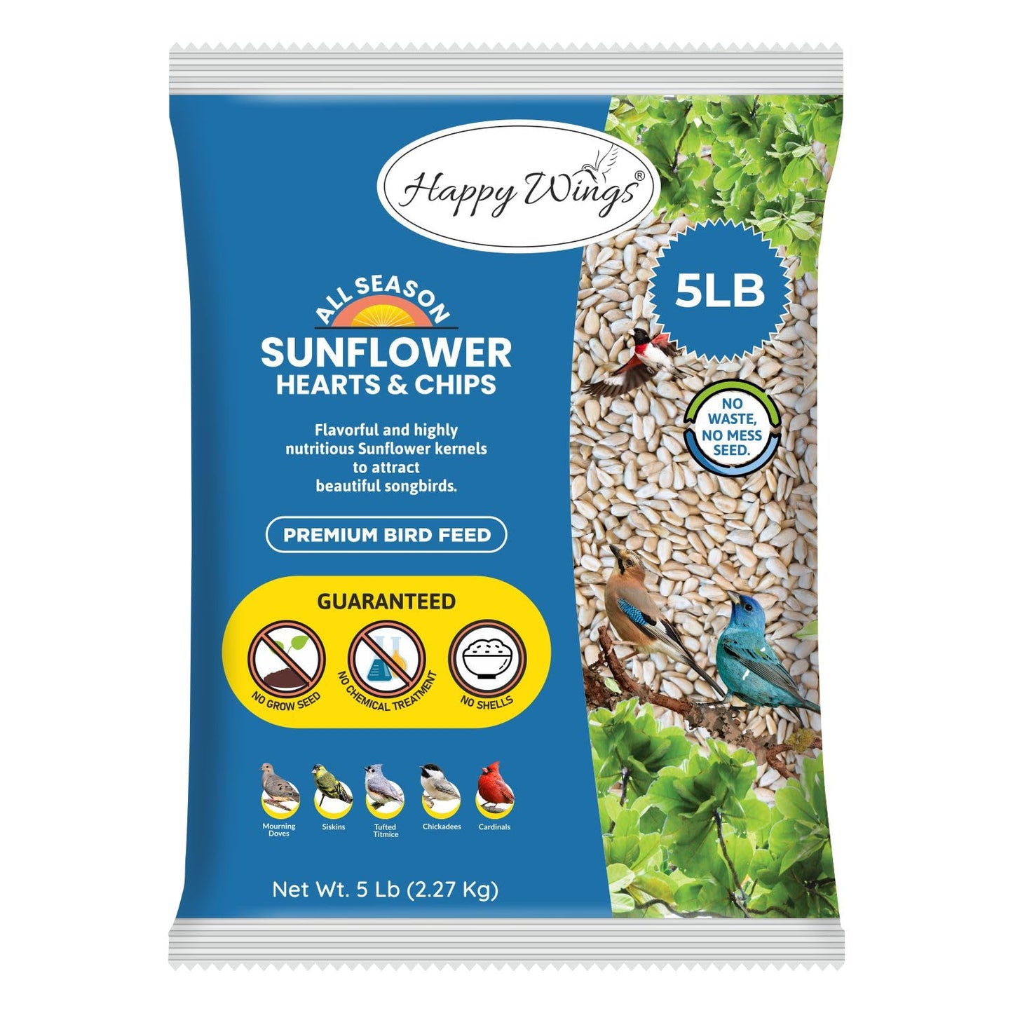 Happy Wings Sunflower Hearts & Chips - Sunflower Kernels and Chips Bird Food - 5 Lb No Mess, No Waste I No Grow Seed | Bird Seed for Wild Birds