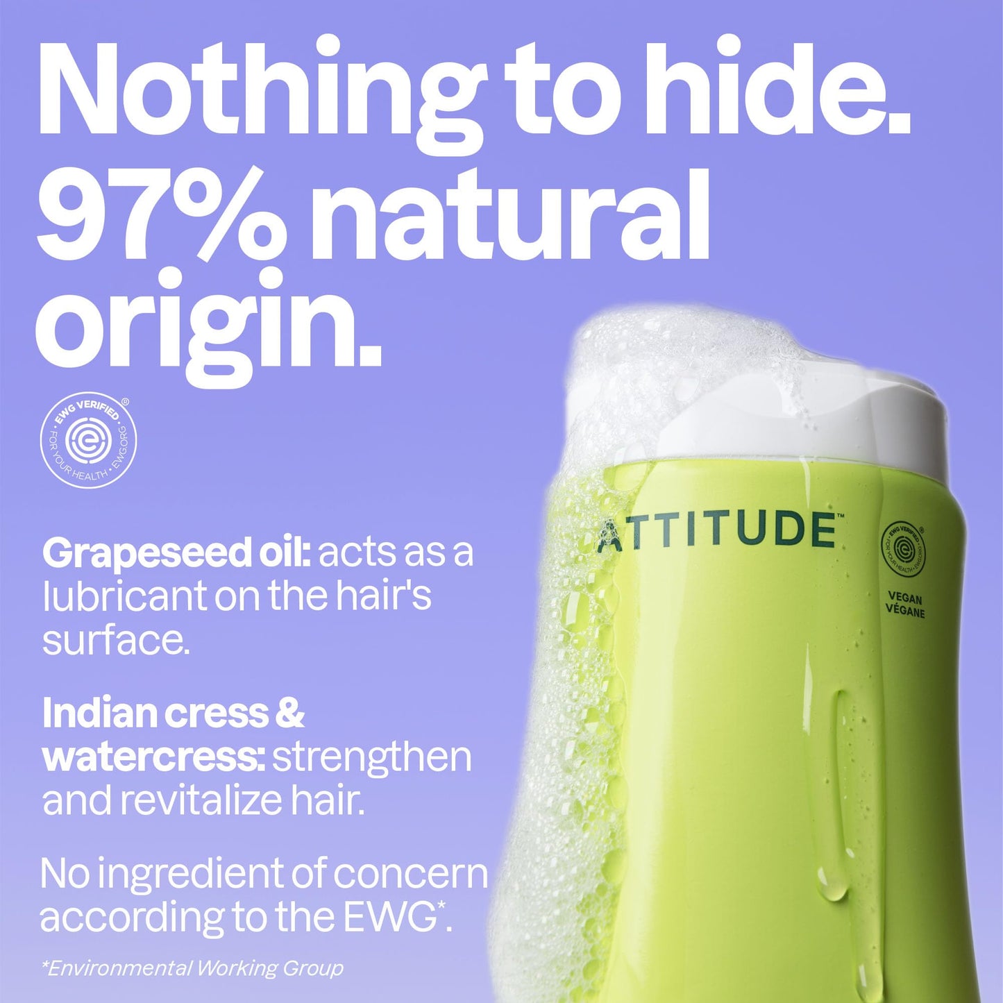 ATTITUDE Nourishing Hair Shampoo, EWG Verified, For Dry and Damaged Hair, Naturally Derived Ingredients, Vegan and Plant Based, Grapeseed Oil and Olive Leaves, 16 Fl Oz