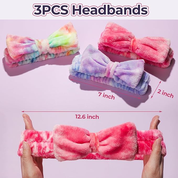 LEOBRO Makeup Headband, Spa Headbands, Skincare Headbands for Women, Headband for Washing Face, with Hair Band, Hair Scrunchies, Gifts for Teens, Girls, Women (Rainbow/Hot Pink/Violet)