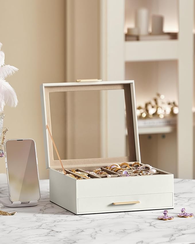 SONGMICS GISELLA Collection - Jewelry Box Organizer, 2-Layer Jewelry Storage with 1 Drawer, Shiny Metal Hardware, Glass Lid, Modern, 8 x 9.1 x 4.1 Inches, Cloud White and Gold Color UJBC174W01