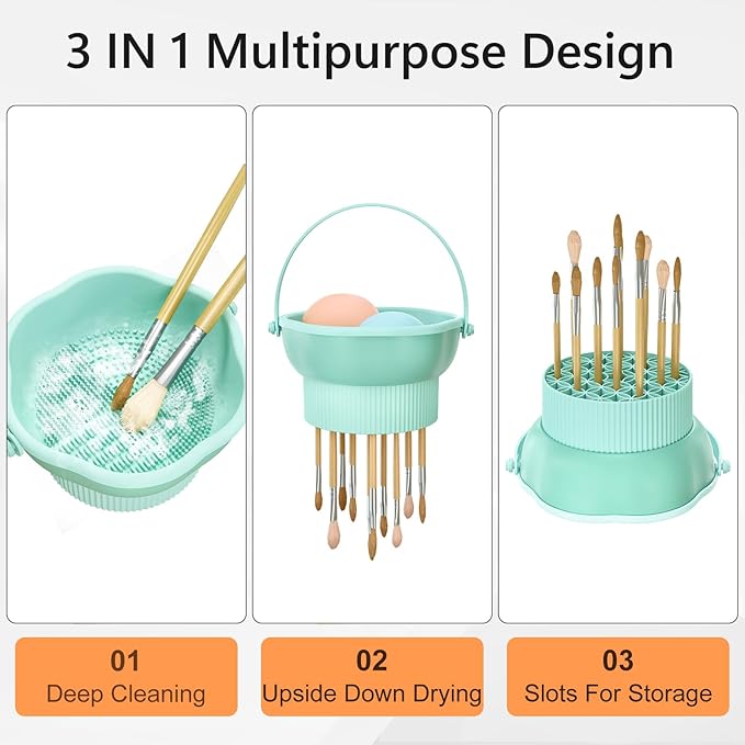 senbowe 3 in 1 Makeup Brush Cleaner Mat, Silicone Makeup Brush Cleaner Bowl Cosmetic Brushes Cleaning Pad Tool Organizer for Storage and Air Drying, Make Up Brush Washing Tool for Sponge