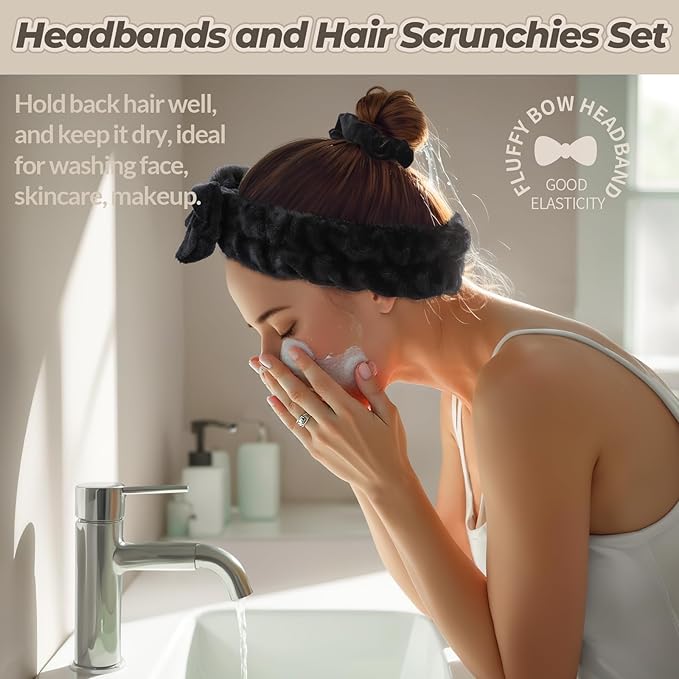 LEOBRO Spa Headband, 6pcs Makeup Headbands and Hair Scrunchies, Bow Skin Care Headband for Washing Face for Teen Girls Women, Easter Basket Valentines Gifts for Girls, Black & White & Gray