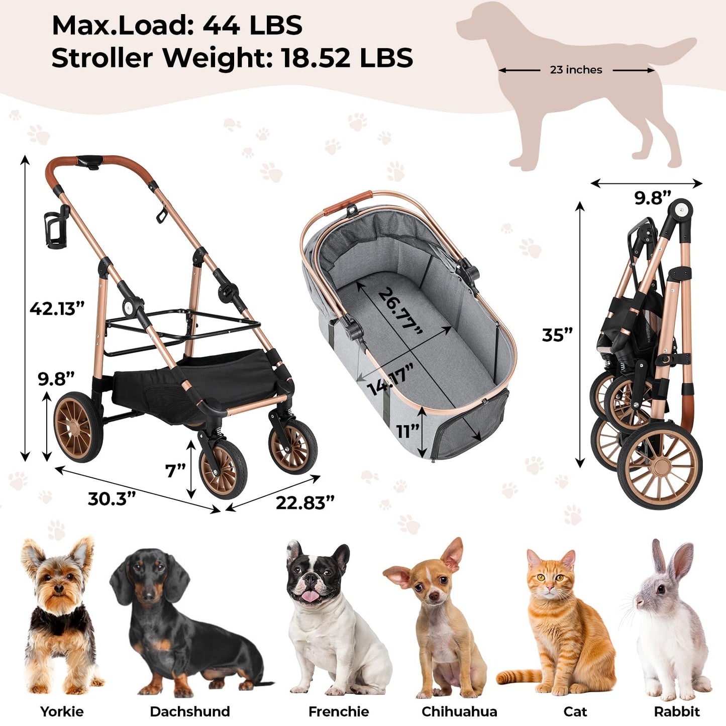 MAMIZO Pet Stroller for Medium Dogs Cats Up to 44 lbs, All-Terrain 3-in-1 Dog Stroller with Detachable Carrier, Rubber Wheels, One-Click Folding, Storage Basket & Cup Holder, for Senior Dogs & Cats
