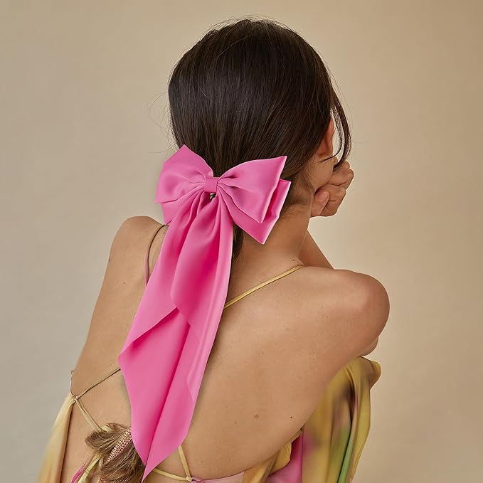 6Pcs Large Bows Hair Clips for Women Girls Long Tail Hair Ribbon Silky Satin Barrettes Coquette Bows Accessories (Pink/Peach/Wine Red/White/Black)