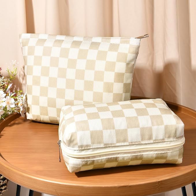 SOIDRAM 2 Pcs Checkered Makeup Bag Large Cosmetic Bag Toiletry Bag Makeup Pouch Travel Bag Organizer Cute Makeup Brushes Aesthetic Accessories Storage Bag for Women Brown Checkered