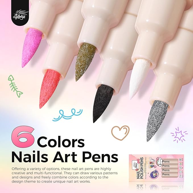 6 Colors Nail Art Pens Set, 3D Nail Polish Pens Quick-Drying Acrylic Paint Markers, Dotting Liner Brush for DIY Nail Design, Home & Salon Manicure Tools