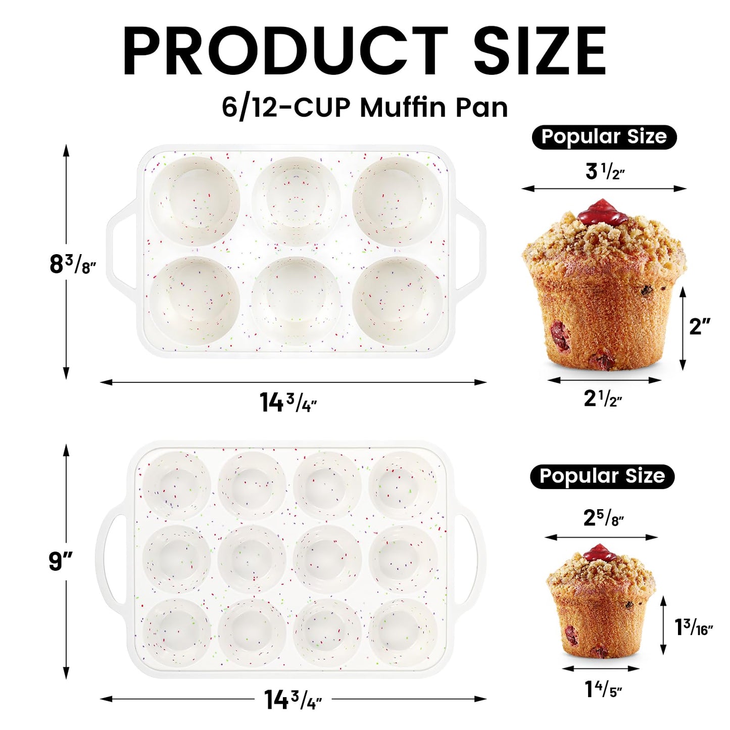Vinino 2Pack Silicone Muffin Pan for Baking with Metal Reinforced Frame, Regular 12 Cup and Jumbo 6 Cup Nonstick Cupcake Pan Set, BPA Free Silicone Muffin Tray Molds for Oven Dishwasher Safe