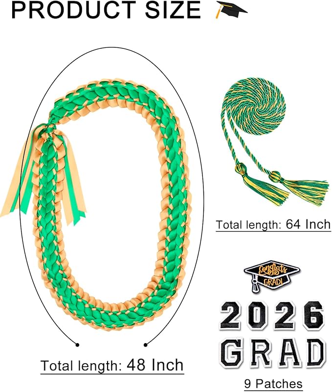 ALKB 2026 Graduation Lei Set - Two-Tone Braided Ribbon with Honor Cord, Unisex Graduation Gift for Graduates, Polyester
